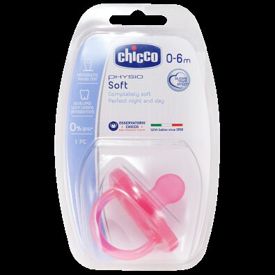 Chicco Physio Soft Пустышка силиконовая ортодонтическая 0-6 мес, розового цвета, 1 шт.