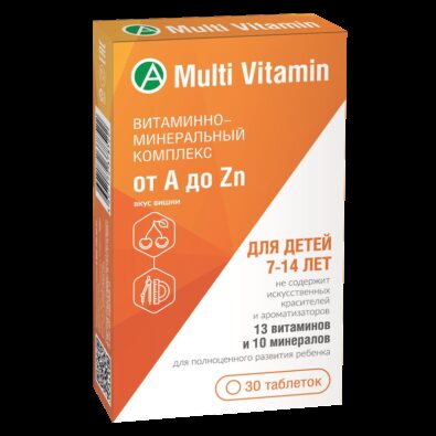 Multi Vitamin Комплекс от А до Zn для детей, 900 мг, таблетки жевательные, для детей с 7 до 14 лет, 30 шт.