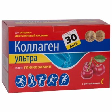 Коллаген Ультра плюс глюкозамин, порошок, со вкусом или ароматом вишни, 8 г, 30 шт.