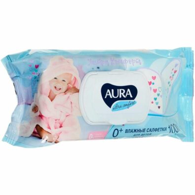 Aura Ultra Comfort салфетки влажные детские, салфетки влажные, алоэ и витамин Е, 100 шт.