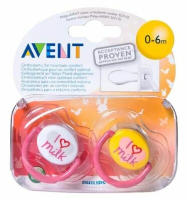 Соски-пустышки Philips Avent I love milk, (86175) SCF172/50, 0-6 мес., из силикона (силиконовый), 2 шт.